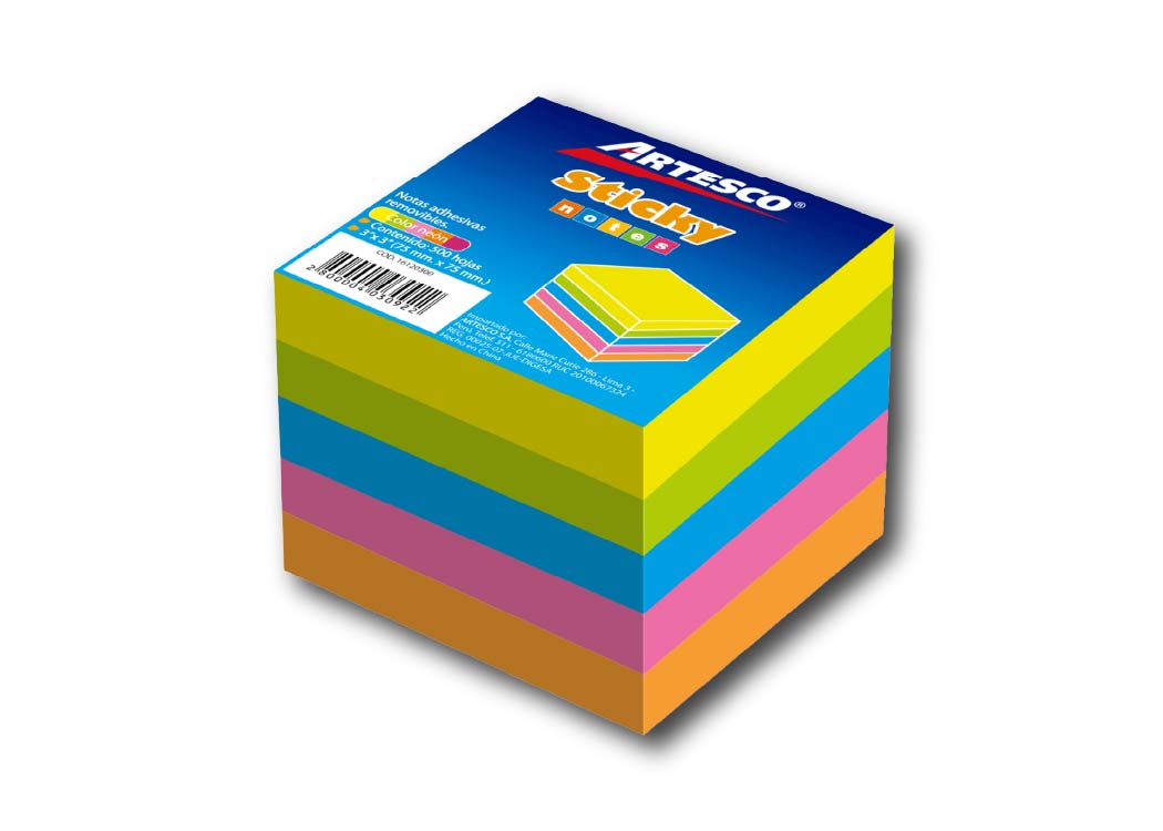 BLOCK DE NOTAS ADHESIVAS NEON MINI CUBO 2"X2" 50H 5COL